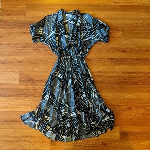 Vintage Black & Light Blue Abstract Midi Dress